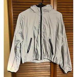 FOREVER 21 Womens Small Silver Reflective Hooded Windbreaker Zip Jacket 20x21